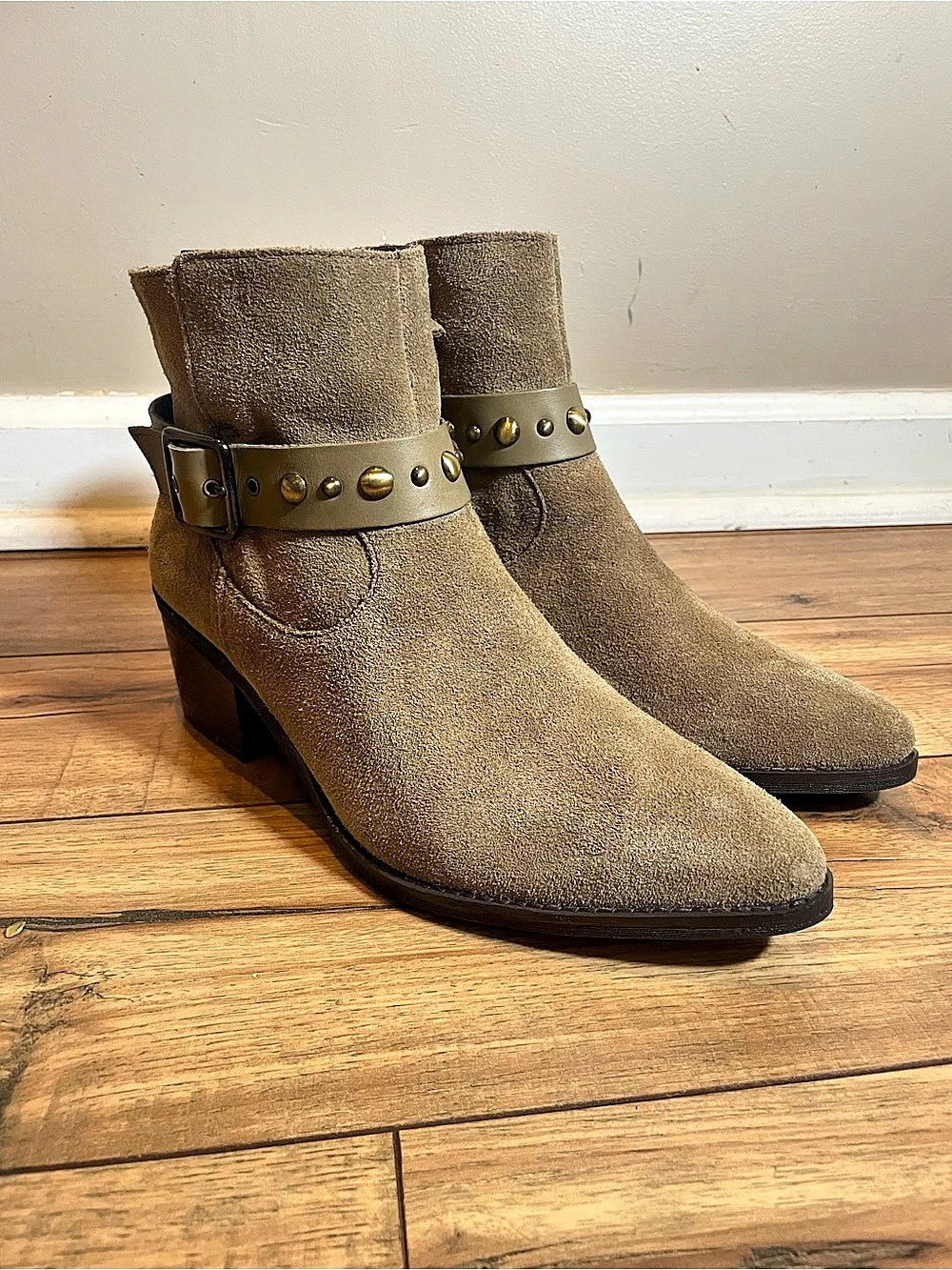 Clarks Morzine Buckle Suede Studded Ankle Boots in Stone/Khaki